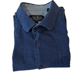 Nat Nast Luxury Linen Blend‎ Button Down Shirt Geometric Print Short Sleeve L